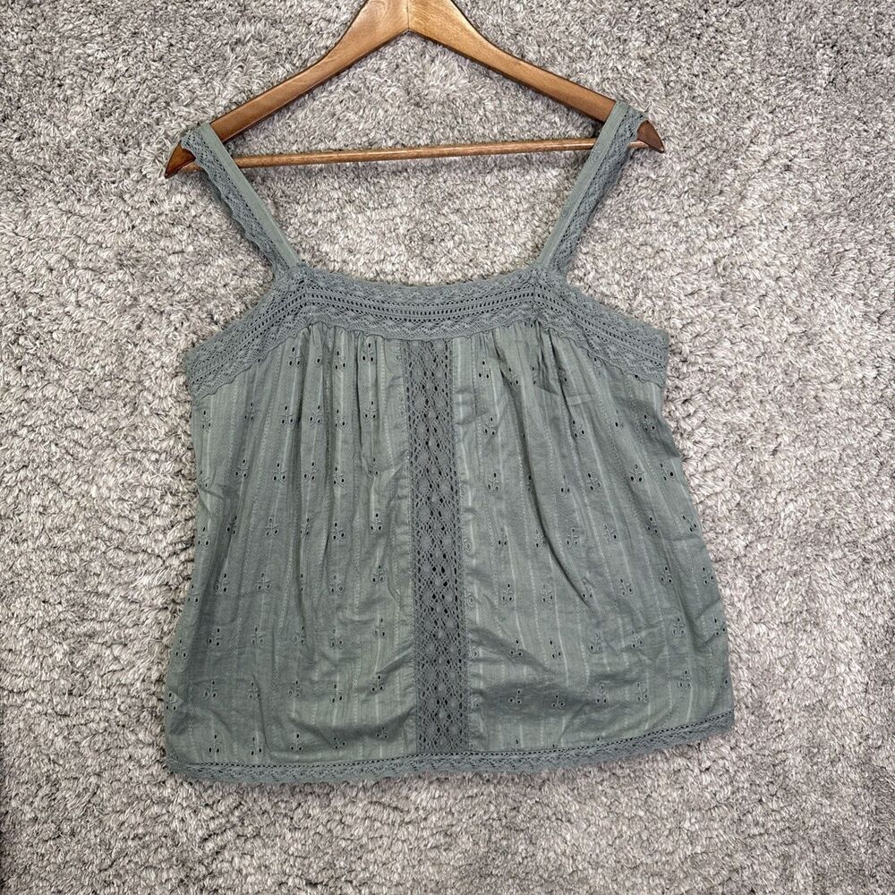 Sundance Eyelet Tank Top Oversized XS Sage Green Crochet Trim Boho Hippie Light